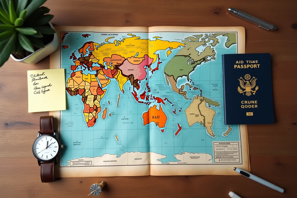 Planification d'un voyage à Bali avec carte des fuseaux horaires, passeport français et carte d'embarquement