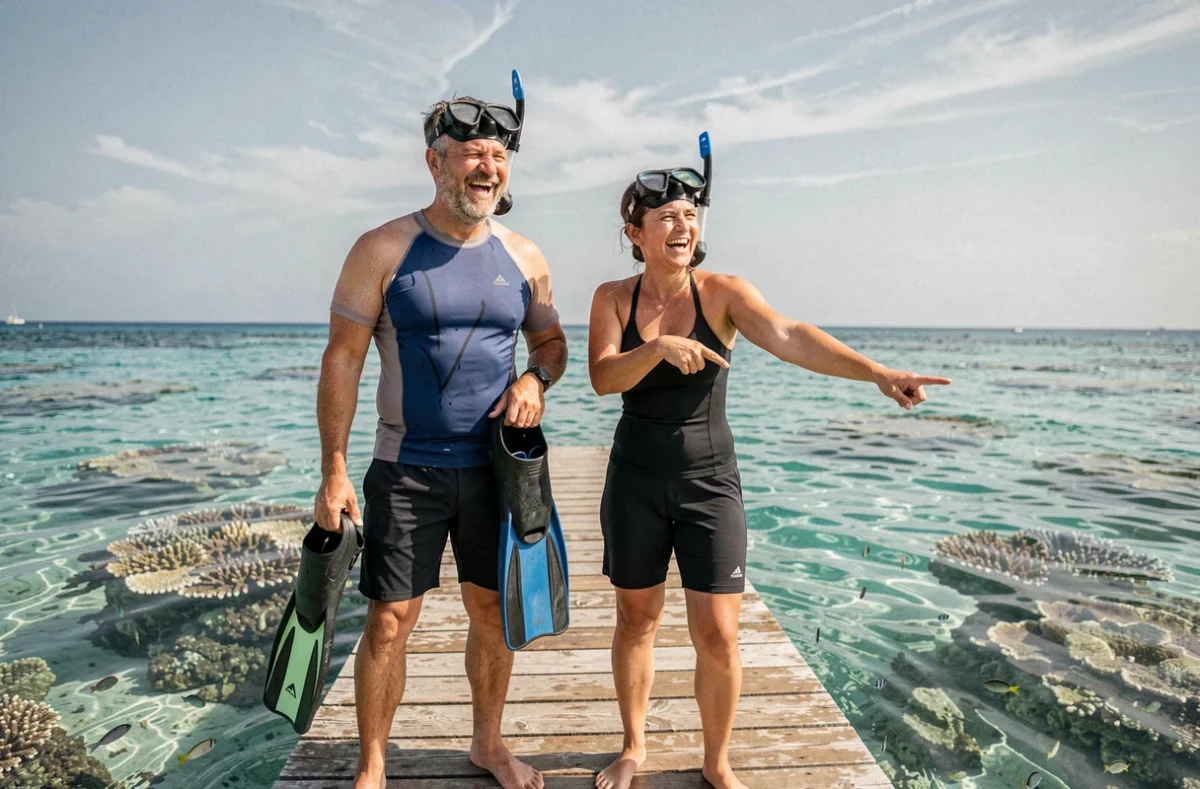 Couple de plongeurs en palmes sur un ponton face au récif corallien de Marsa Alam en Égypte