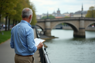 Architecte devant un pont en pierre au bord de la rivière