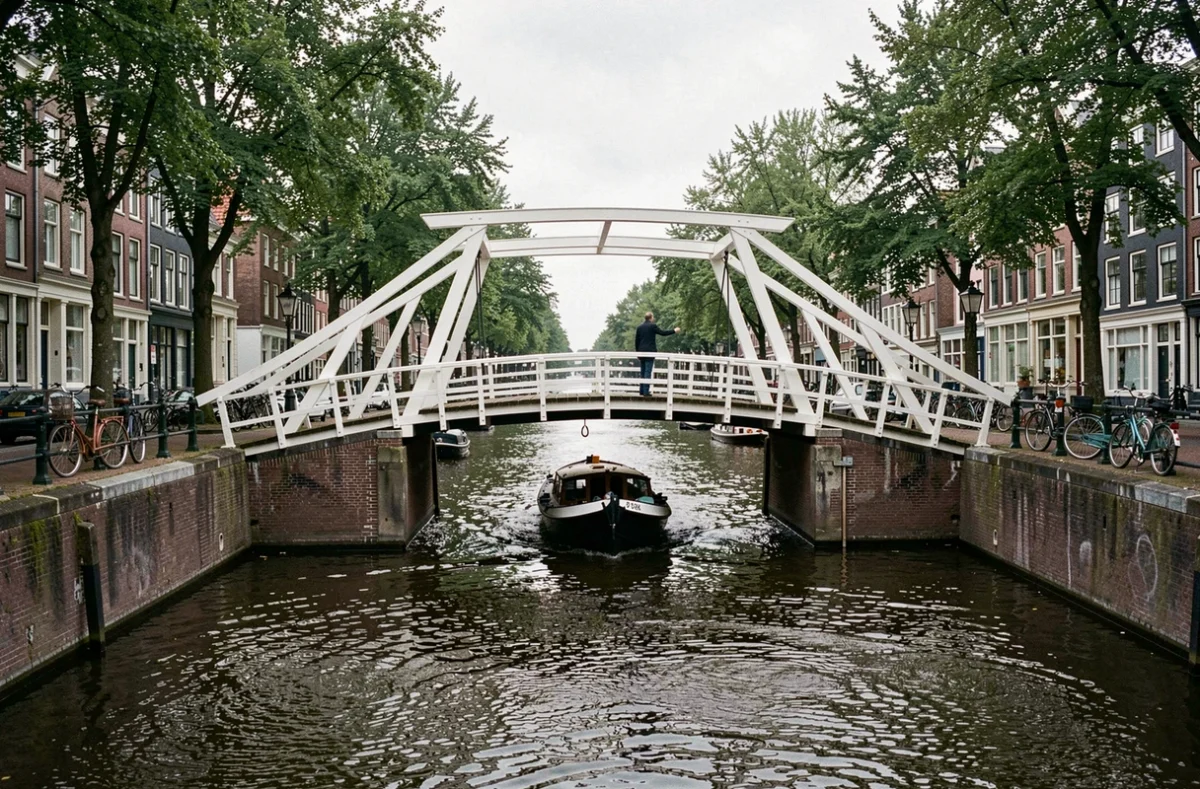 Le pont Magere Brug à Amsterdam avec un bateau de croisière passant en dessous sur l'Amstel
