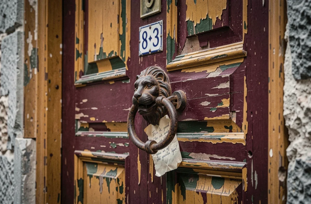 Porte ancienne en bois peint rouge à Corleone avec heurtoir en fer forgé et patine authentique sicilienne
