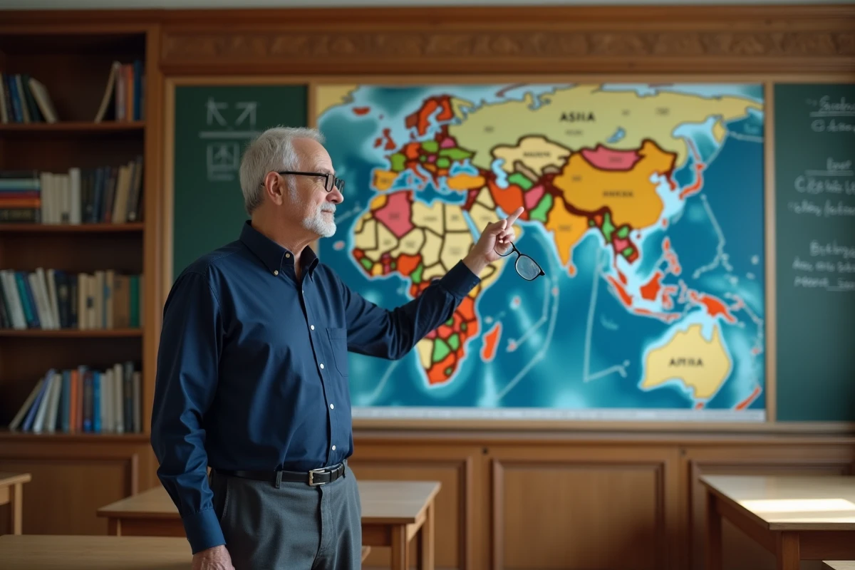 Professeur de géopolitique pointant une carte politique de l'Asie dans une salle de séminaire universitaire