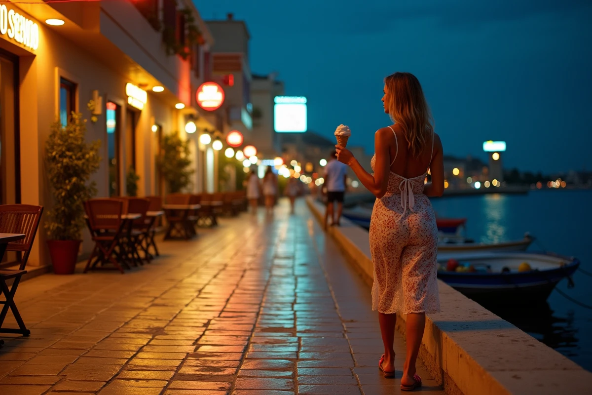Femme se promenant seule sur la promenade côtière de San Pawl il-Bahar la nuit, bars et restaurants illuminés en arrière-plan le long du front de mer
