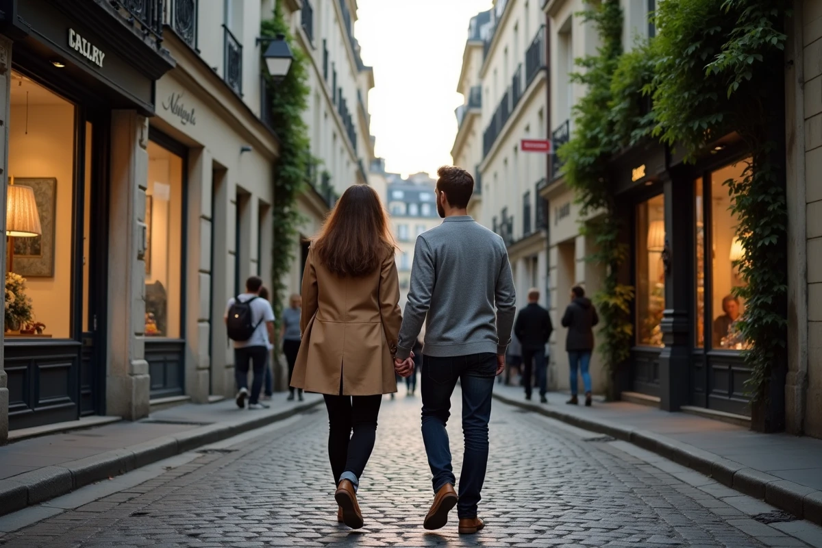 Couple se promenant main dans la main dans une ruelle pavée de Montmartre à Paris