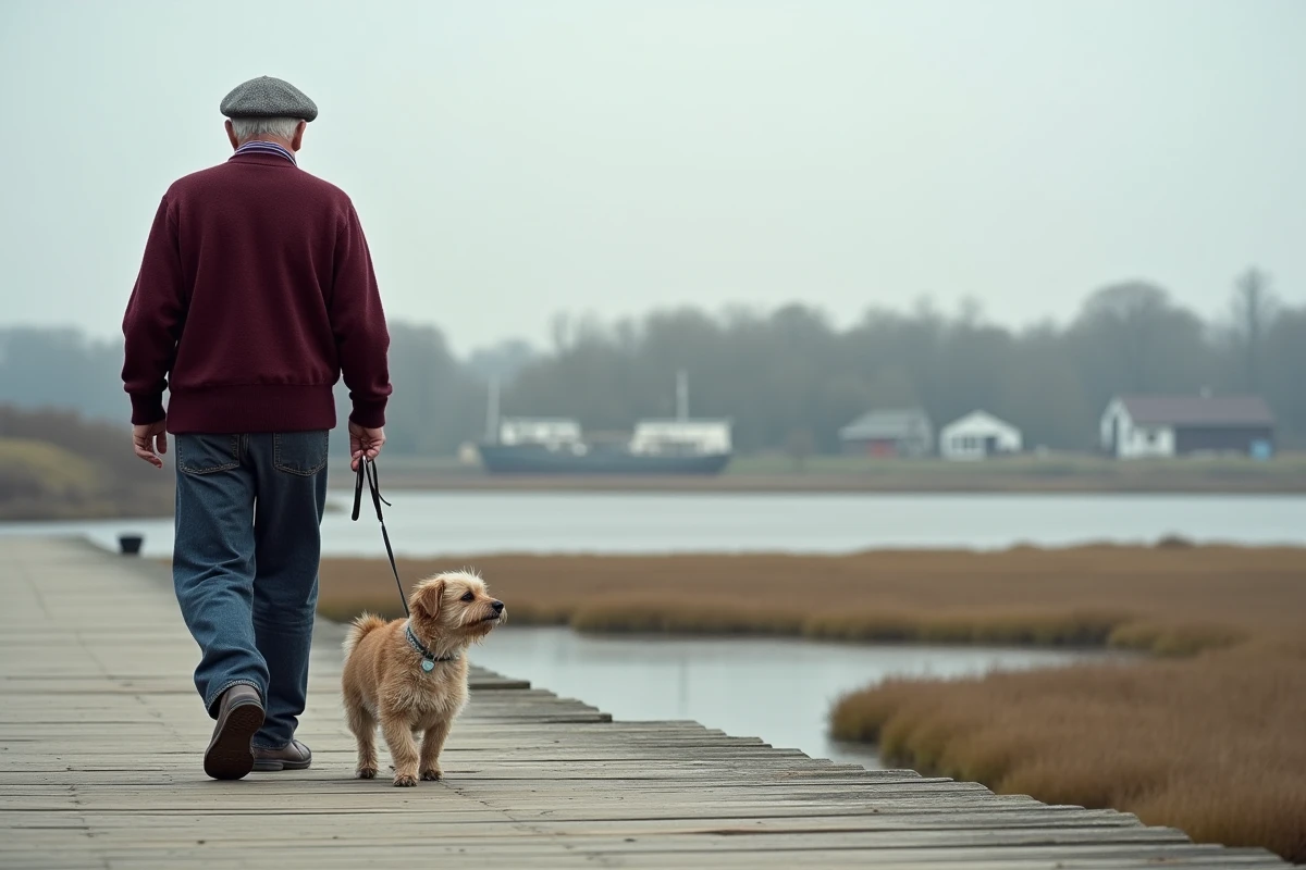 Homme âgé marchant avec son chien sur le quai au bord de la baie de Somme
