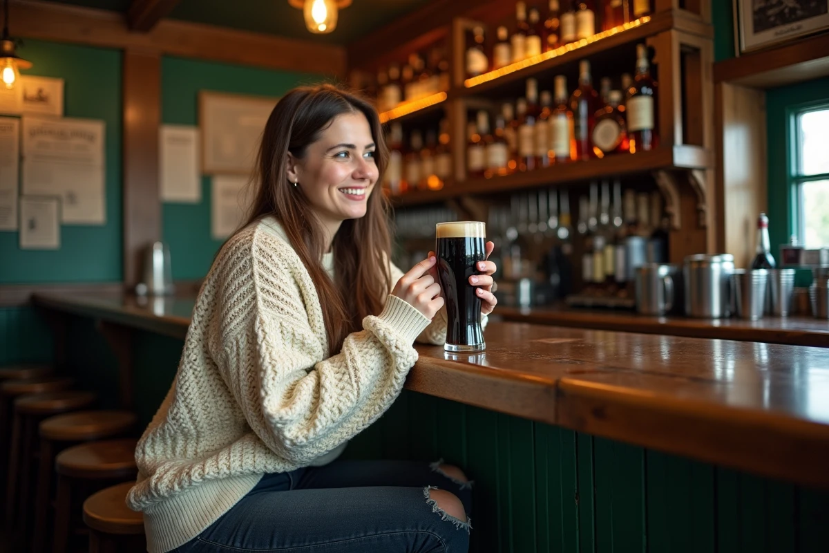 Femme savourant une pinte de stout irlandais dans un pub traditionnel de Dublin aux boiseries sombres