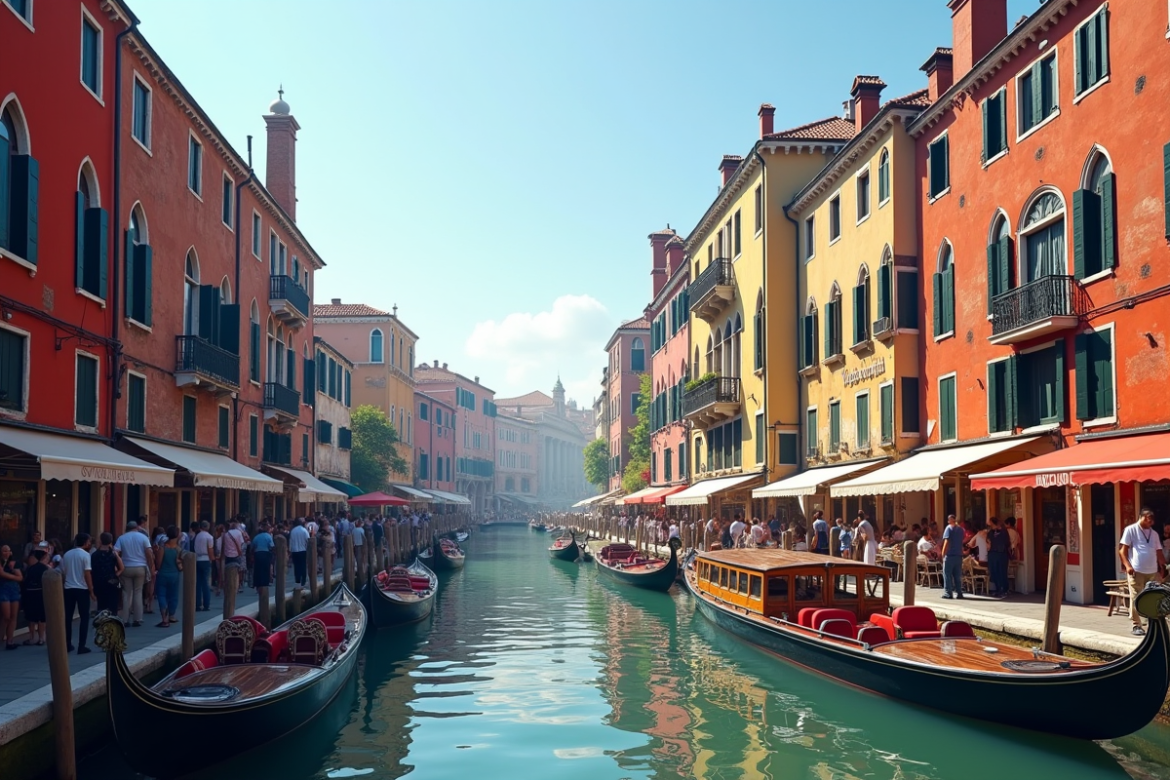 Quai de vaporetto animé à Venise avec touristes et bâtiments colorés