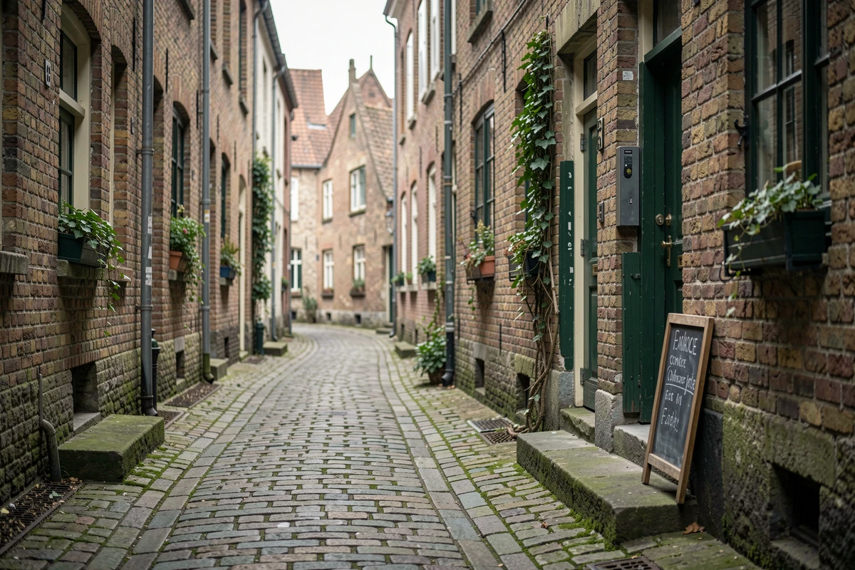 Ruelle pavée du quartier historique Patershol à Gand avec maisons en briques flamandes et porte verte ancienne