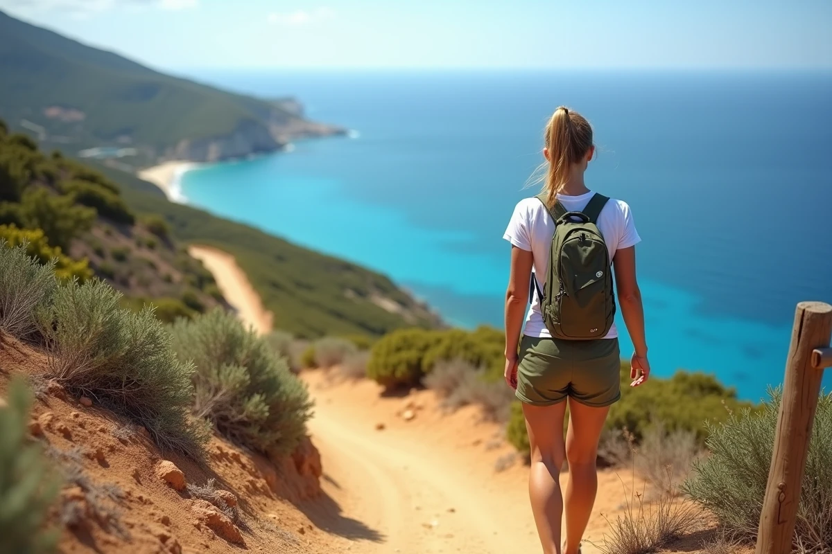 Randonneuse sur le sentier côtier GR98 au-dessus de Cassis avec vue panoramique sur les calanques et la mer Méditerranée