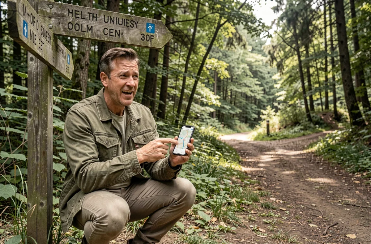 Randonneur comparant l'itinéraire Google Maps à un panneau de sentier de randonnée en forêt