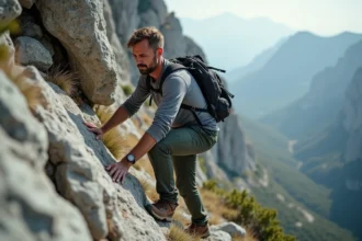 Randonneur agrippant une paroi granitique abrupte sur le GR20 en Corse, illustrant la difficulté technique du sentier