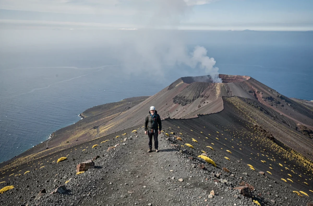 Randonneur au sommet du volcan Stromboli avec vue sur la mer Tyrrhénienne et le cratère