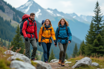 Groupe de randonneurs au sommet d'une montagne avec vue sur la forêt et le pic enneigé