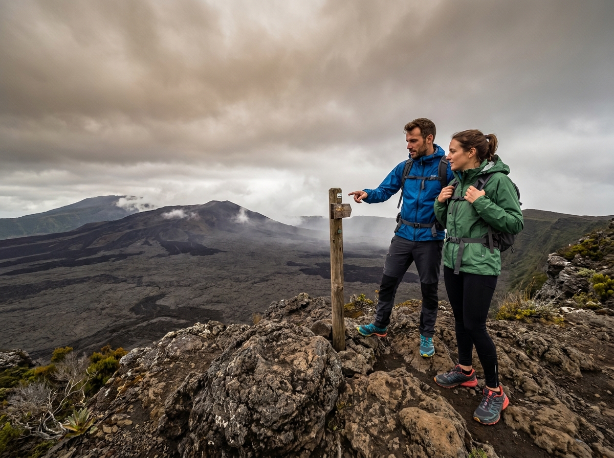 Couple de randonneurs explorant le cratère volcanique du Piton de la Fournaise à La Réunion