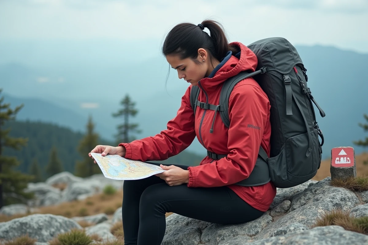 Randonneuse épuisée consultant sa carte sur un plateau rocheux du GR20, montrant la fatigue et la complexité de l'orientation