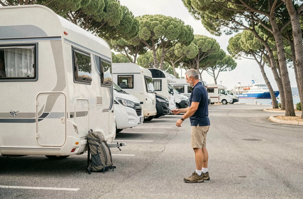 Rangée de camping-cars stationnés sous les pins près du port d'embarquement pour l'île de Porquerolles