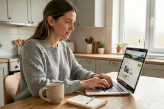 Femme réservant ses vacances en ligne tôt sur un site de voyages comme Promovacances pour profiter d'un code promo avantageux