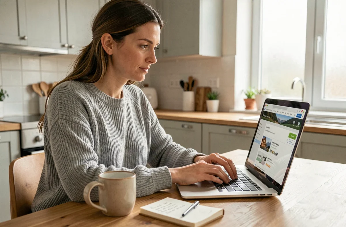 Femme réservant ses vacances en ligne tôt sur un site de voyages comme Promovacances pour profiter d'un code promo avantageux
