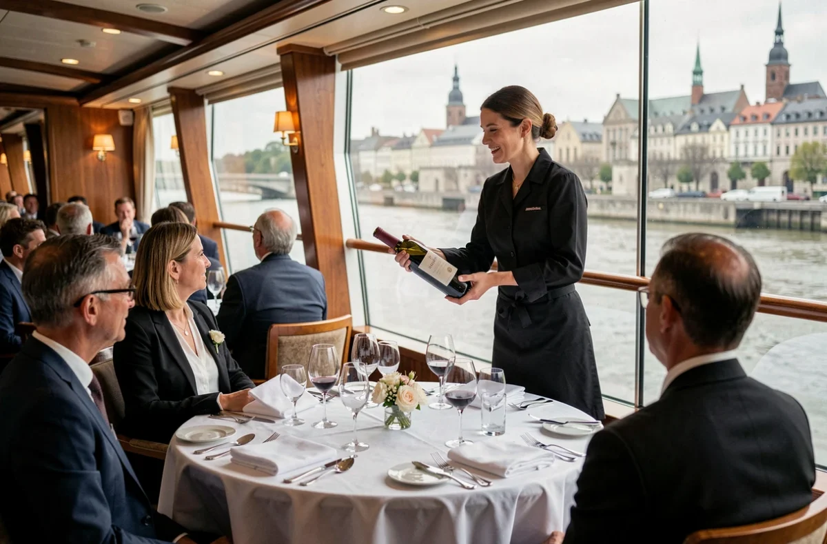 Salle à manger élégante d'un bateau de croisière fluviale avec vue panoramique sur les quais d'une ville européenne