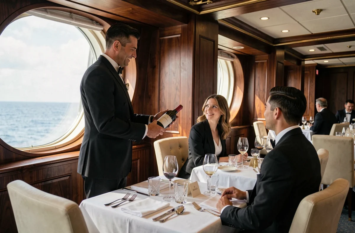 Restaurant gastronomique élégant à bord d'une croisière de luxe avec sommelier et couple dégustant du vin