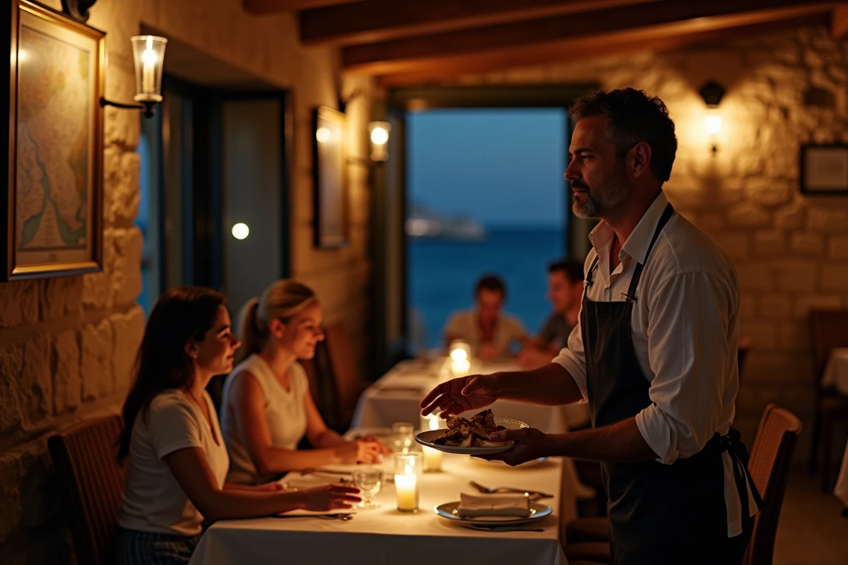 Intérieur d'un restaurant maltais au bord de la mer à San Pawl il-Bahar la nuit, serveur présentant un plat de poisson frais à des clients dans une salle en pierre calcaire