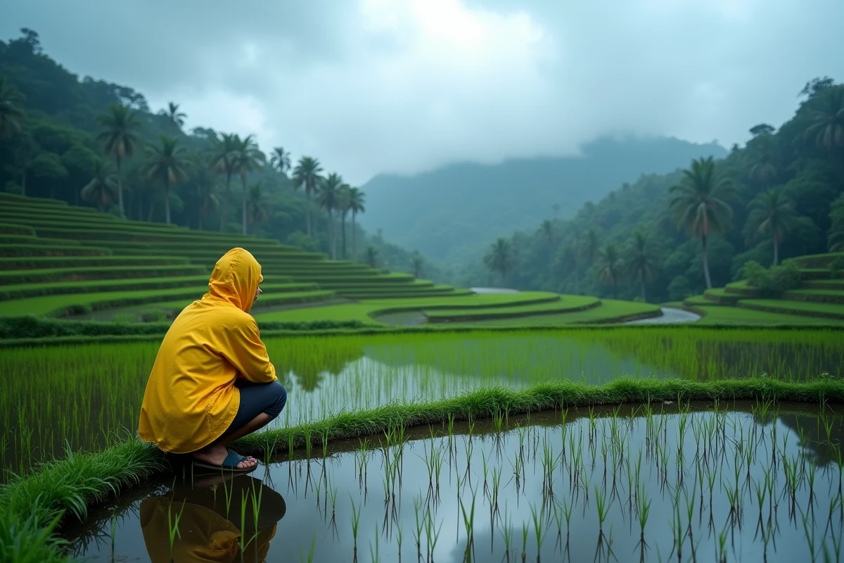 Terrasses de rizières de Tegallalang inondées pendant la saison des pluies avec reflets du ciel nuageux à Bali