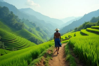 Rizières en terrasses de Tegallalang à Bali en saison sèche avec un agriculteur balinais marchant sur les sentiers verdoyants