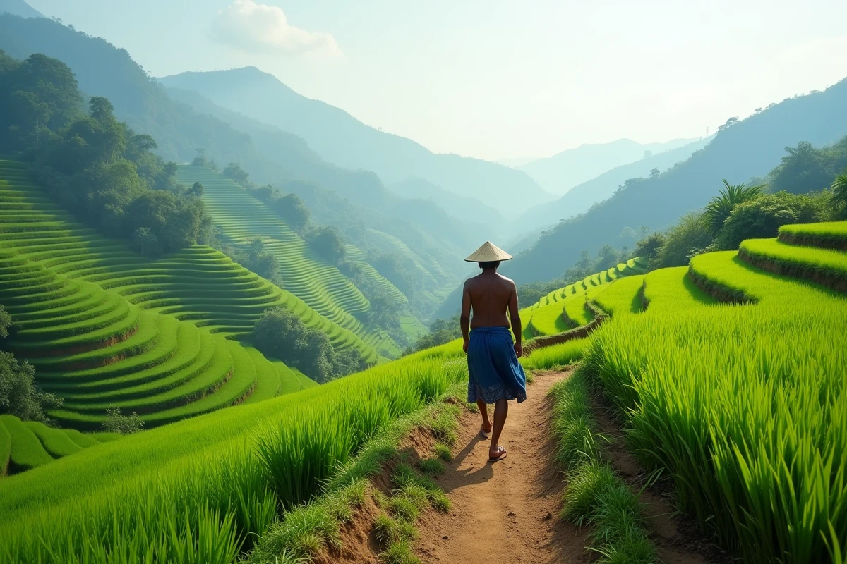 Rizières en terrasses de Tegallalang à Bali en saison sèche avec un agriculteur balinais marchant sur les sentiers verdoyants
