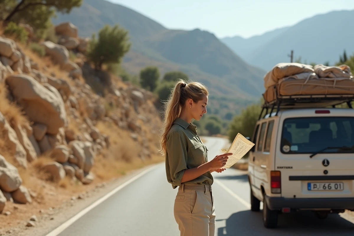 Voyageuse consultant une carte routière lors d'un road trip dans le Magne en Grèce