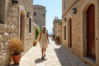 Ruelle en pierre d'Areopoli dans le Magne grec avec des tours médiévales et une femme en promenade