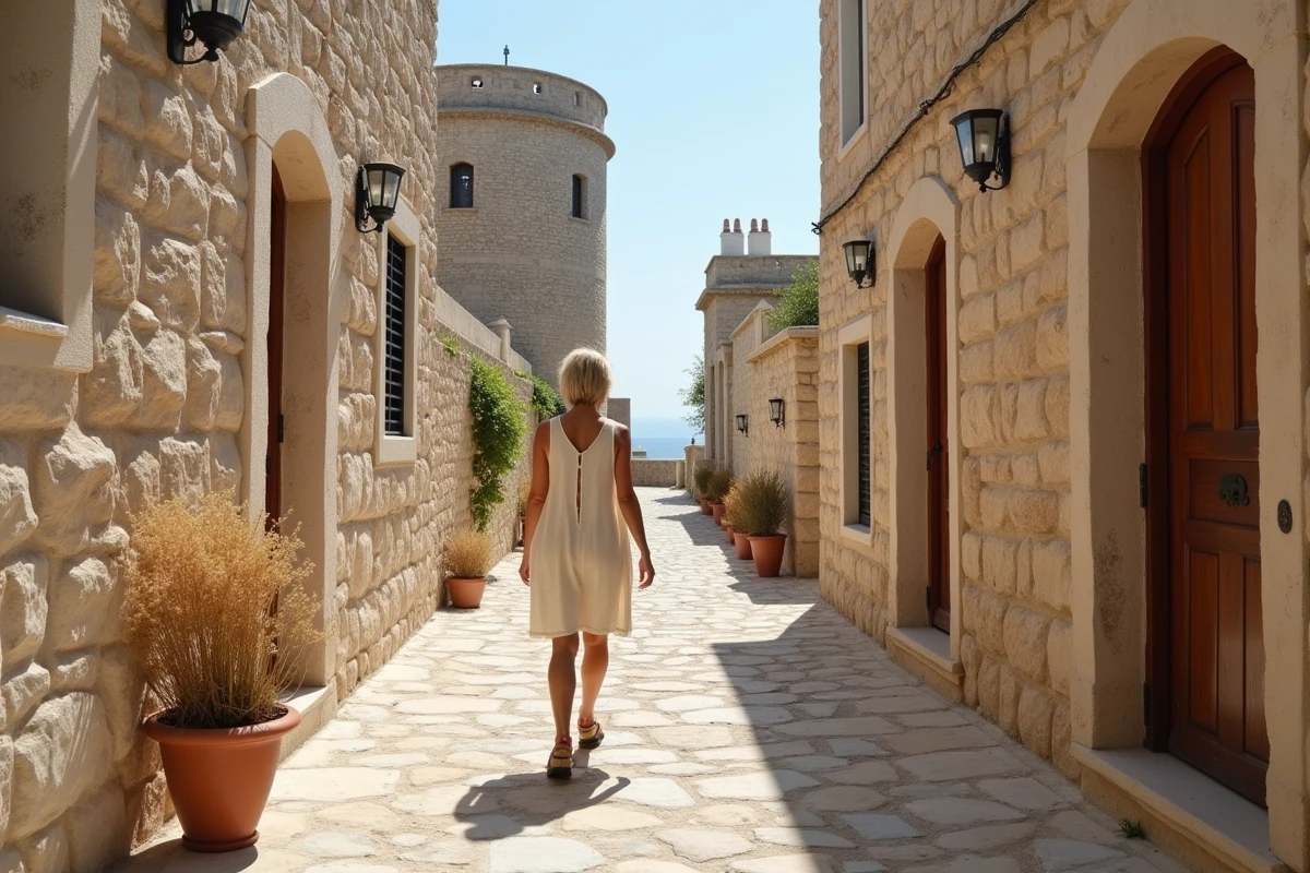 Ruelle en pierre d'Areopoli dans le Magne grec avec des tours médiévales et une femme en promenade
