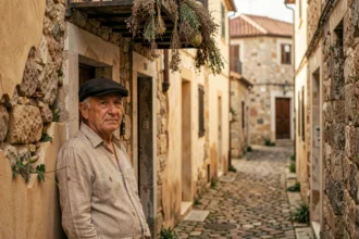 Ruelle pavée de Corleone en Sicile avec un vieil homme en casquette traditionnelle appuyé contre une façade en pierre ocre