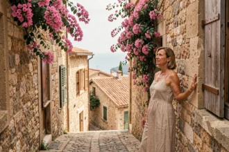 Ruelle pavée du village perché d'Eze avec bougainvilliers roses et vue sur la Méditerranée