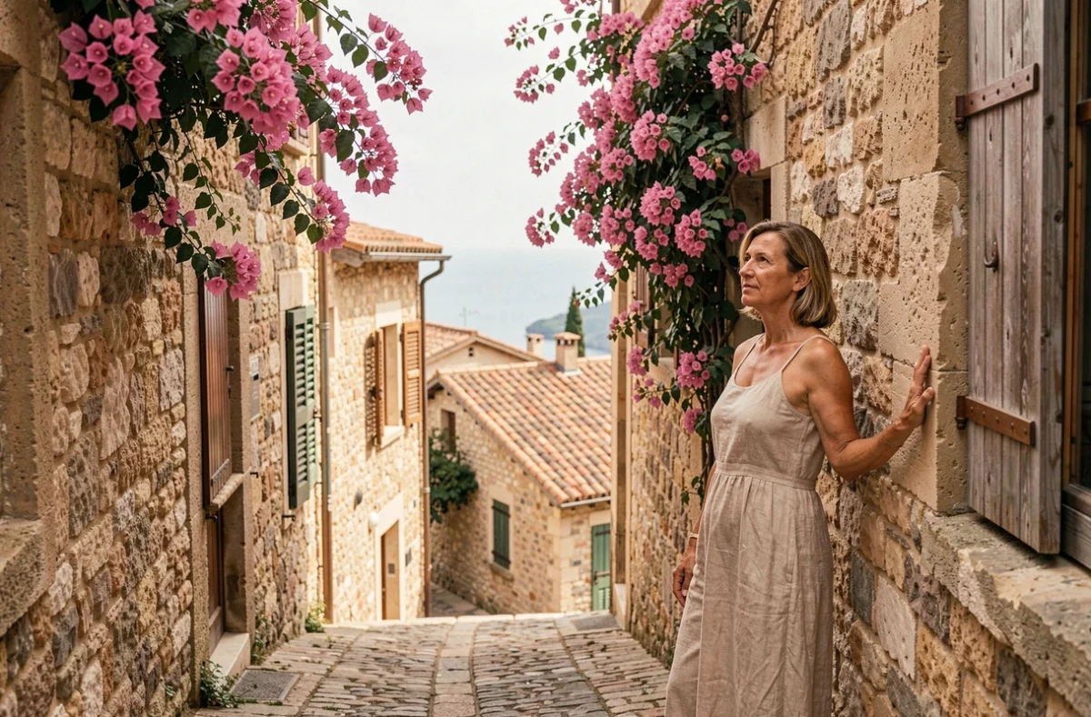 Ruelle pavée du village perché d'Eze avec bougainvilliers roses et vue sur la Méditerranée