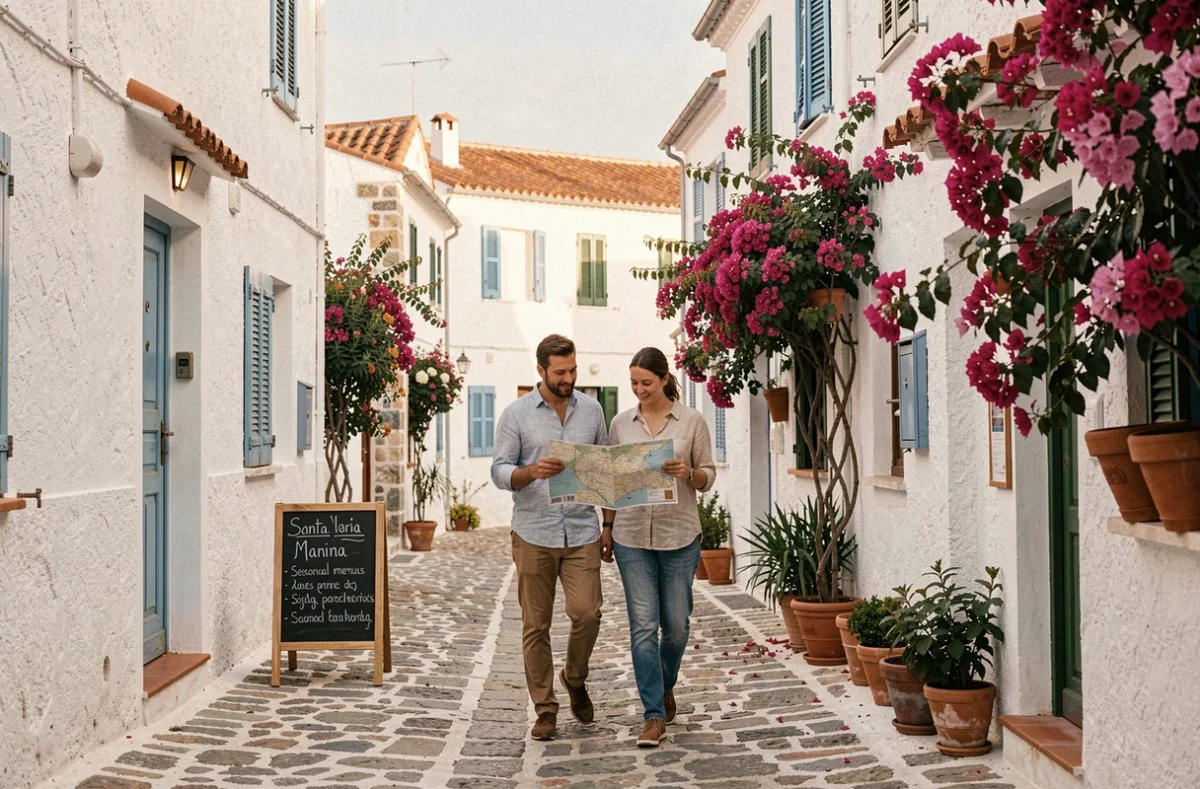 Ruelle pavée de Salina avec maisons blanches et couple de touristes consultant une carte