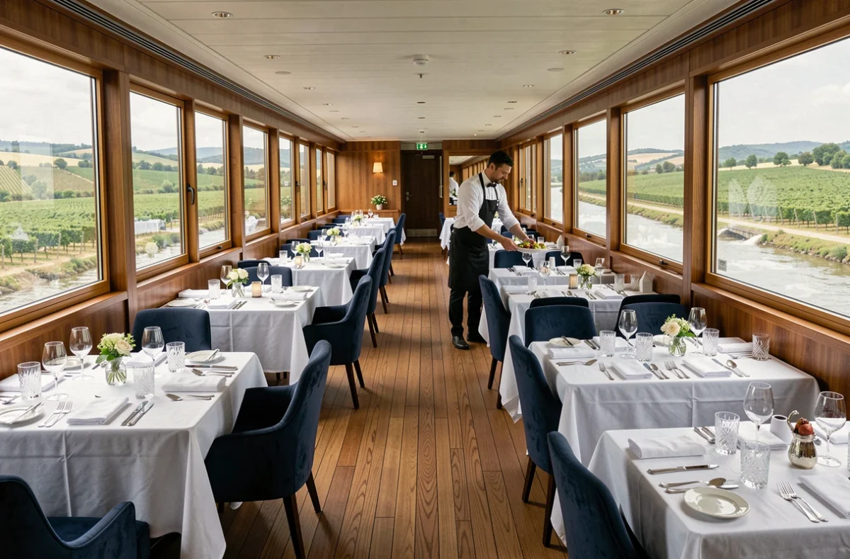 Salle à manger élégante d'un bateau de croisière fluviale avec vue sur les vignobles