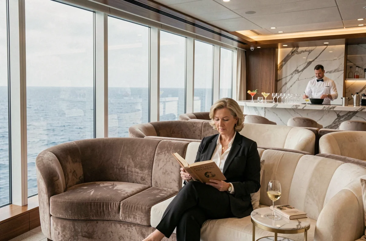 Salon panoramique luxueux à bord d'un navire de croisière haut de gamme avec vue sur la mer et bar en marbre
