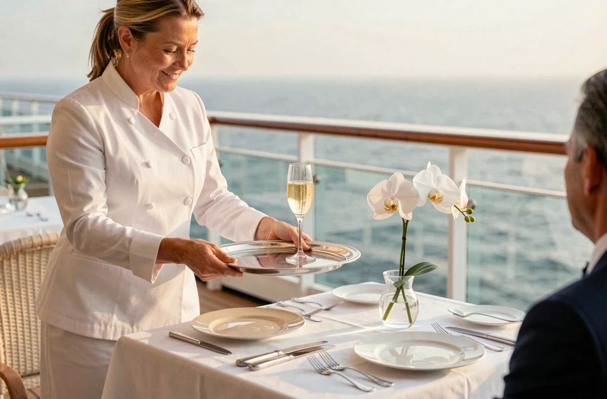 Sommelière en uniforme blanc servant du Champagne sur le pont-restaurant d'une croisière de luxe avec vue sur la mer