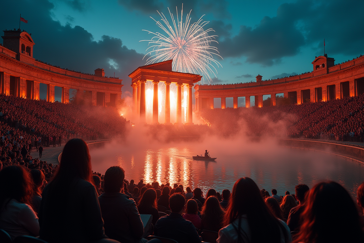 Spectacle nocturne avec acteurs costumes et feux d