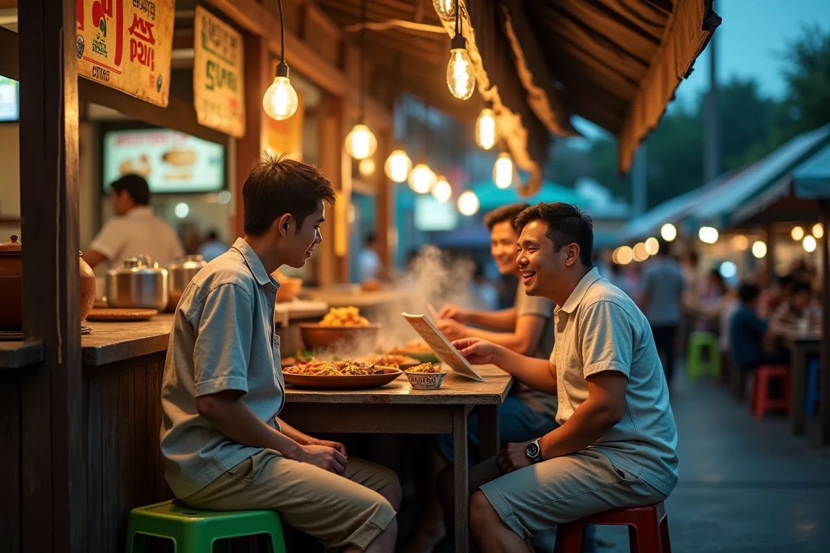 Touriste masculin consultant un menu de street food thaïlandais avec l'aide d'un vendeur local dans un marché nocturne de Chiang Mai
