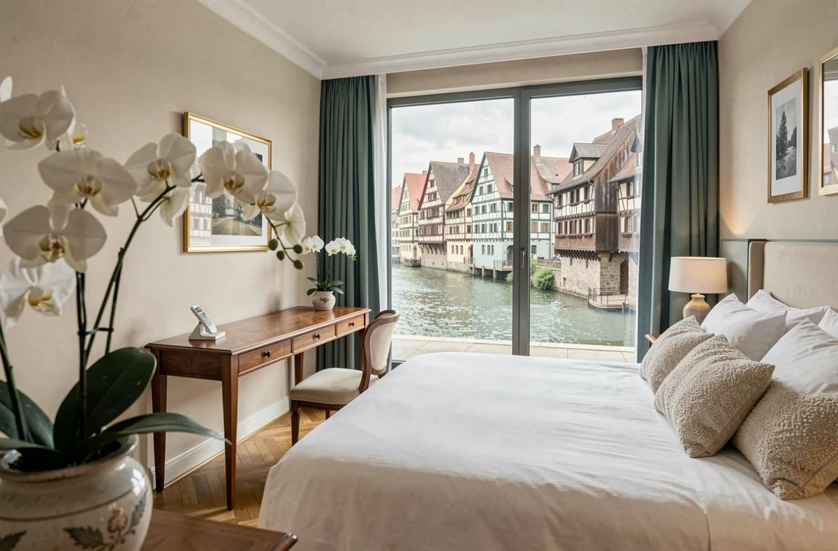 Suite luxueuse d'un hôtel 5 étoiles à Strasbourg avec vue sur les canaux du quartier Petite France et décoration alsacienne raffinée