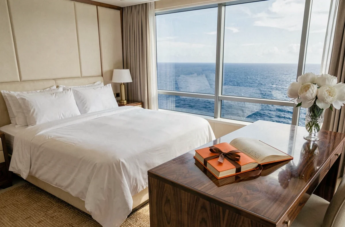 Suite intérieure d'une croisière de luxe avec vue panoramique sur l'océan, linge blanc immaculé et boîte Hermès sur le bureau en noyer