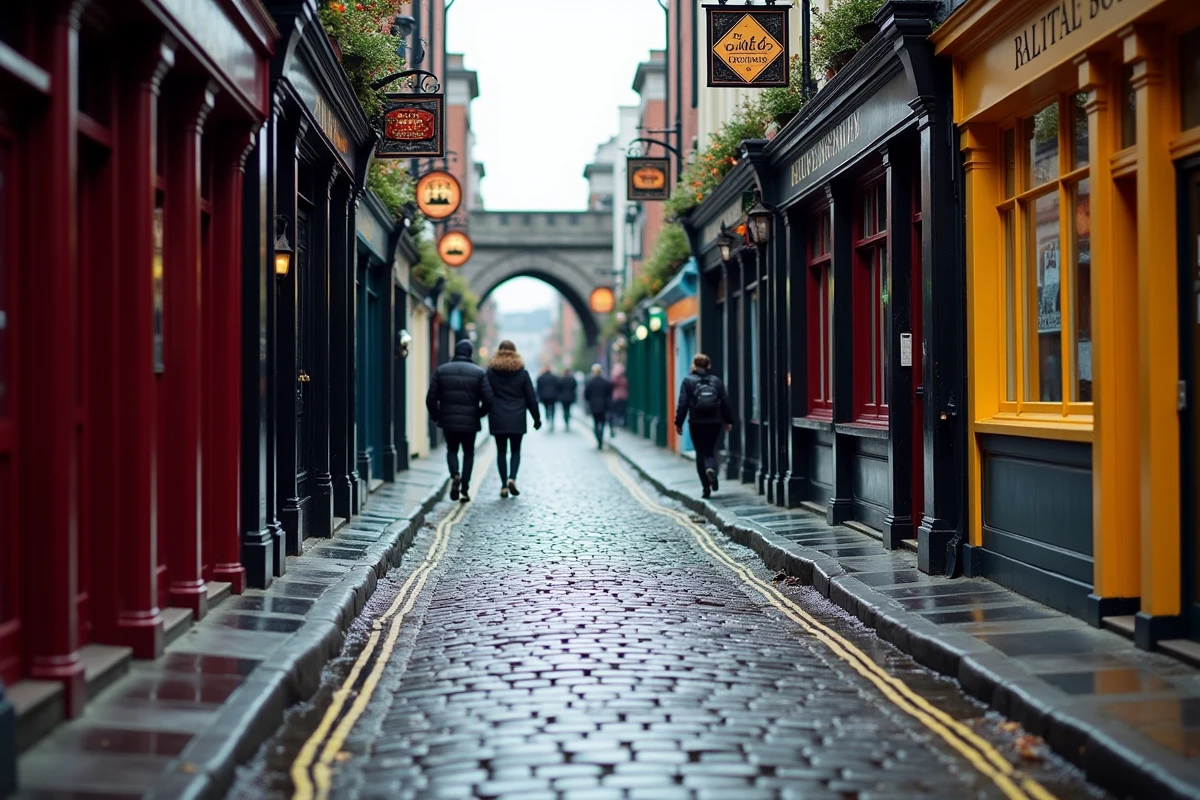 Ruelle pavée du quartier Temple Bar à Dublin avec ses façades colorées et ses enseignes de pub traditionnelles
