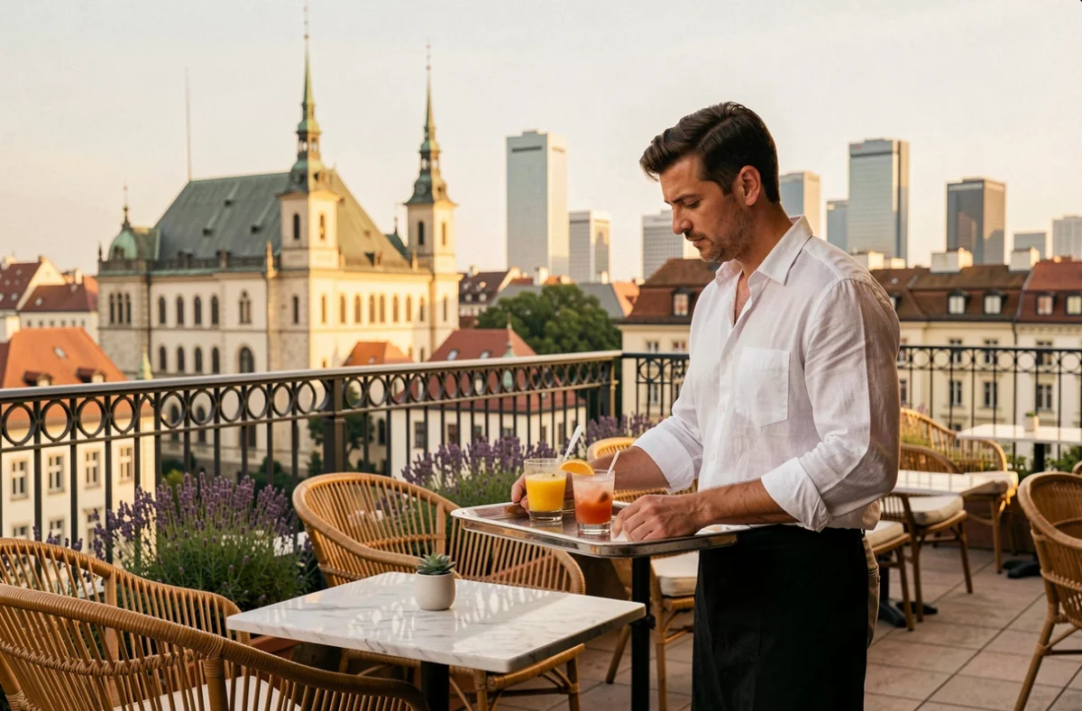 Terrasse bar panoramique d'un hôtel 5 étoiles dans le quartier Neustadt à Strasbourg avec vue sur le Parlement européen et le skyline de la ville