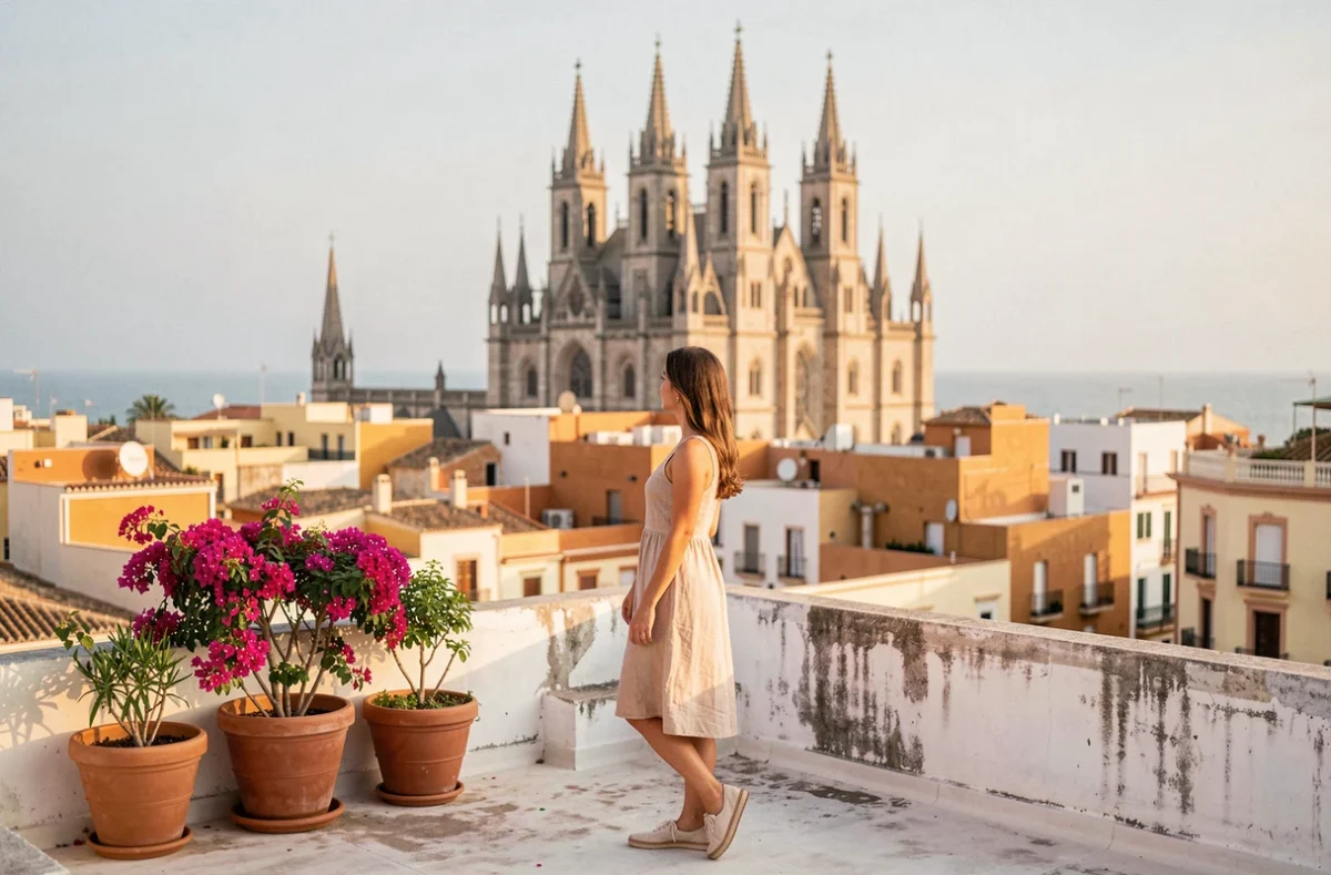 Voyageuse admirant la cathédrale La Seu depuis une terrasse de l'hôtel dans le vieux Palma de Majorque