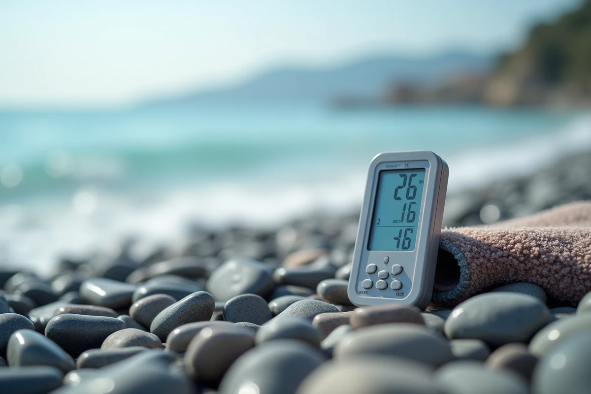 Thermomètre sur les galets de la plage de Nice indiquant la température de l'eau de mer méditerranéenne