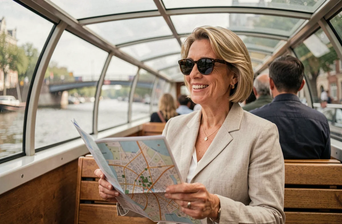 Touriste à bord d'un bateau de croisière sur les canaux d'Amsterdam consultant une carte de la ville