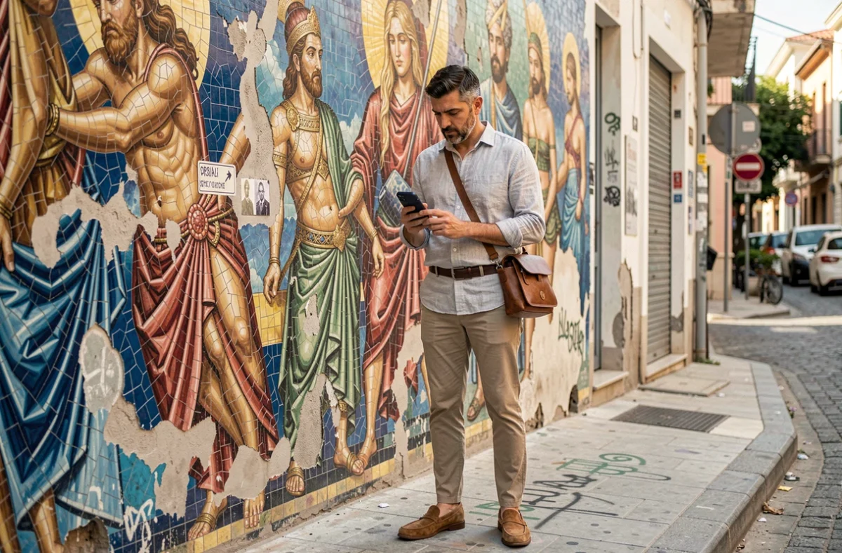 Homme consultant son téléphone devant une grande fresque murale colorée dans le quartier bohème de Psiri à Athènes