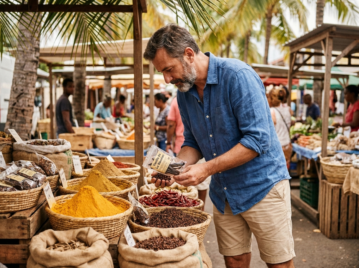 Touriste découvrant les épices et la vanille au marché de Saint-Paul à La Réunion