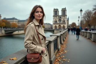 Touriste française sur le Pont de la Tournelle avec vue sur Notre-Dame de Paris en automne